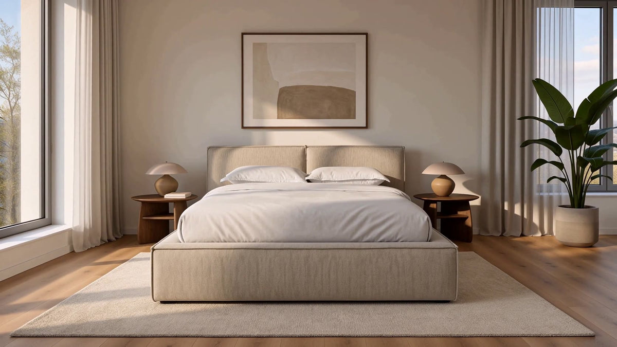 Bedroom furnished by Swaap with a beige double bed, bedside tables and warm decor.