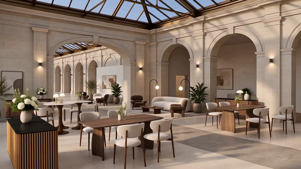 Lieu événementiel aménagé par Swaap : tables dressées, chaises, lounges et végétaux sous une verrière.