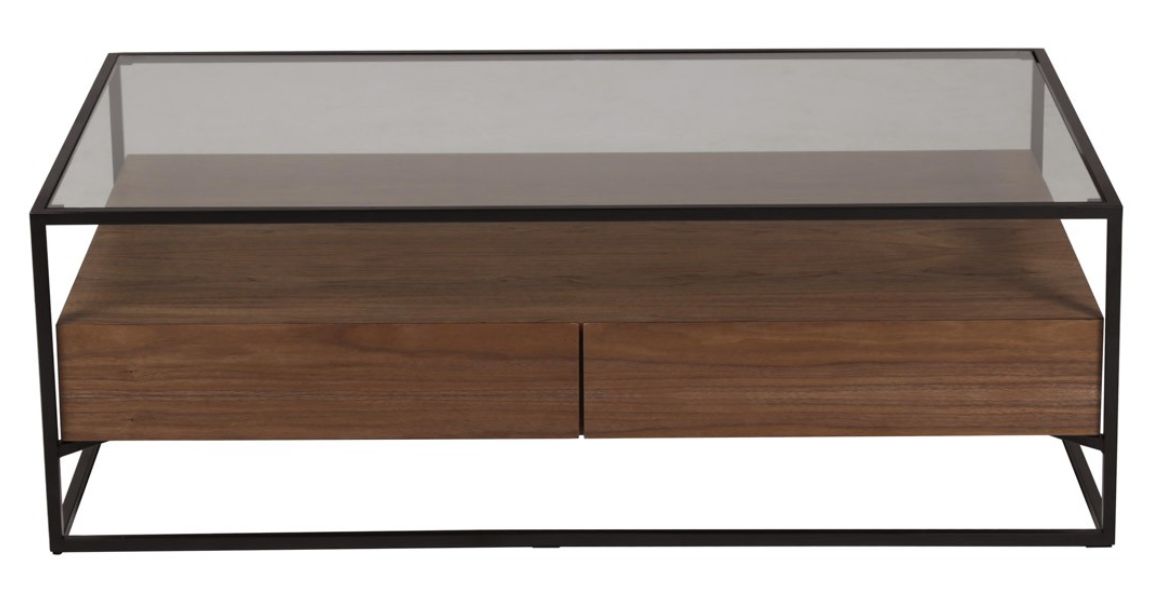 Table basse Helix en verre, noyer et métal noir — location de meubles Swaap